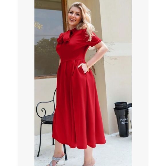 NEW Red Elegant Short Sleeve Career A-Line Dress Pockets 2X - Picture 3 of 6